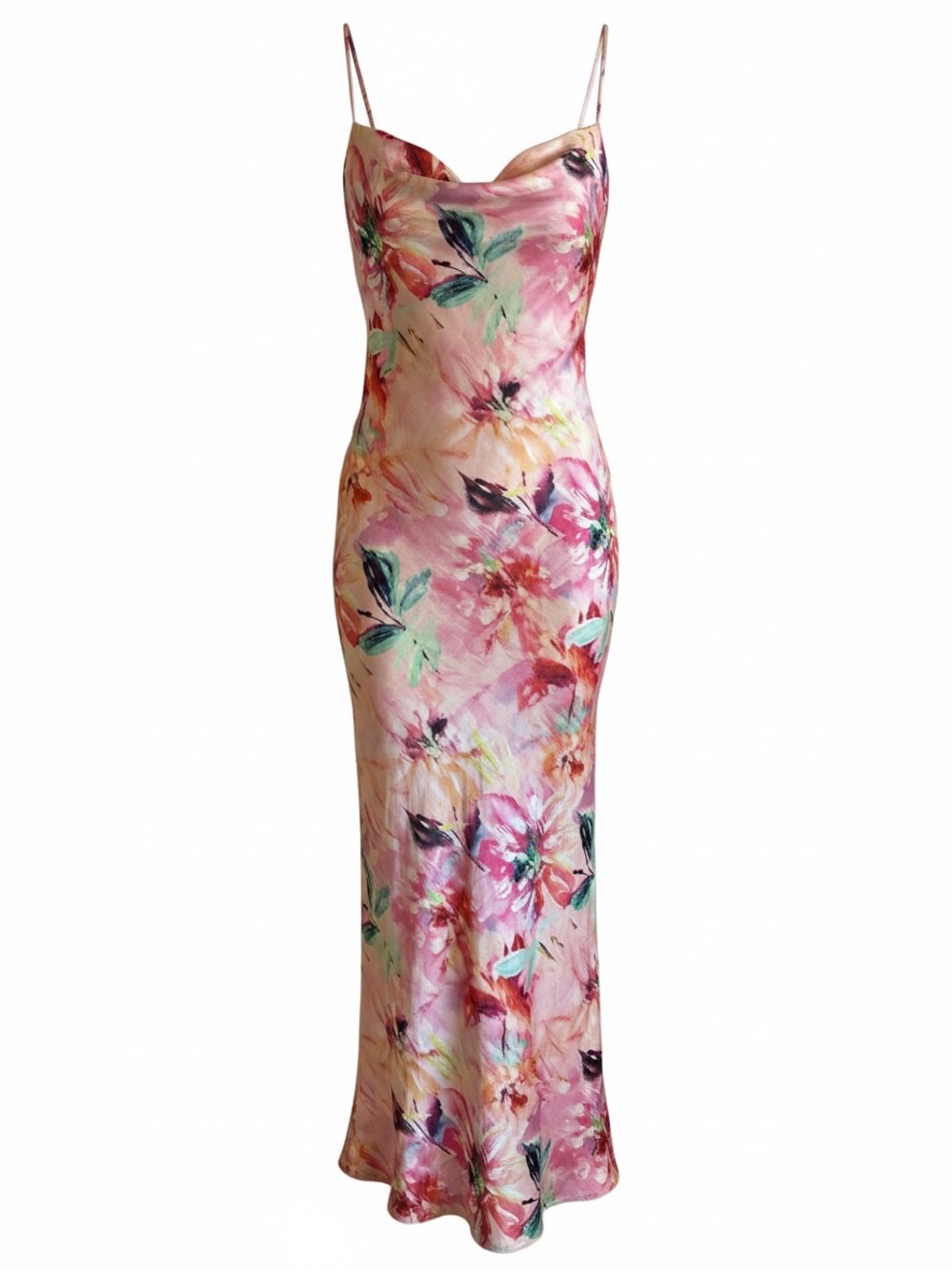 Pink Floral Slip Maxi Dress with Spaghetti Straps and Low Back Size 14